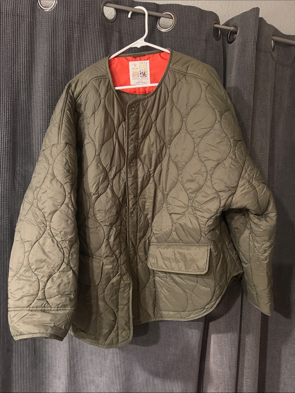 aerie Olive Quilted Puffer Jacket with Orange Lining